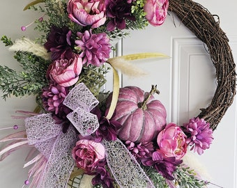 Floral Pumpkin Wreath, Fall Door Decor, Autumn Harvest Wreath, Thanksgiving Decoration
