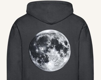 May include: A dark gray hooded sweatshirt with a large, detailed image of the full moon printed on the back.