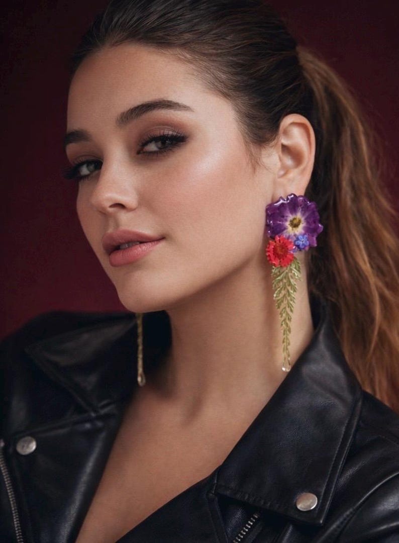 Handmade Resin Earrings with Real Dried Flowers, Botanical Statement Jewelry Purple