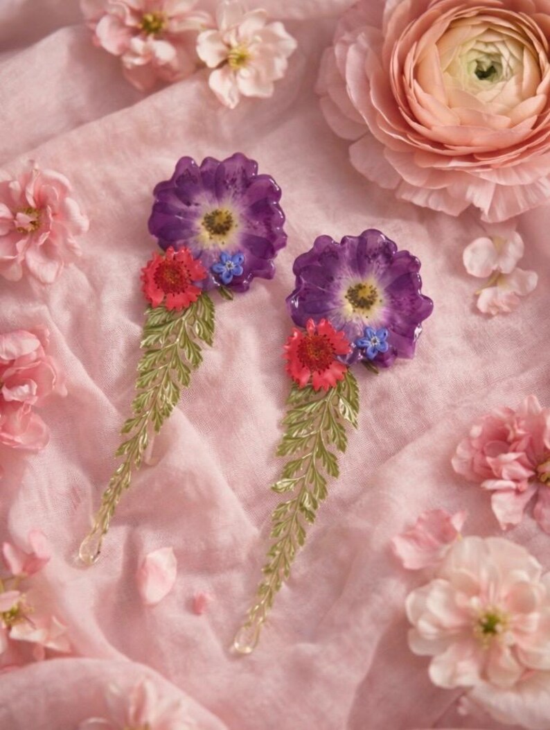 Handmade Resin Earrings with Real Dried Flowers, Botanical Statement Jewelry afbeelding 5