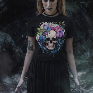 Halloween Skull T-Shirt: Floral Skull, Plus Size Cotton Shirt