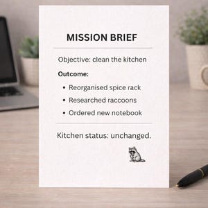 May include: A white card with the text "MISSION BRIEF" and the objective "clean the kitchen." The outcomes listed are "Reorganised spice rack," "Researched raccoons," and "Ordered new notebook." The kitchen status is "unchanged."