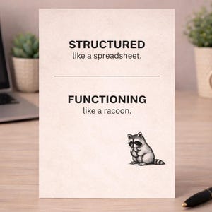 Può includere: Un biglietto con il testo "STRUTTURATO come un foglio di calcolo. FUNZIONANTE come un procione". Una piccola illustrazione di un procione si trova in basso a destra. Il biglietto è su una scrivania di legno con un laptop e una penna.