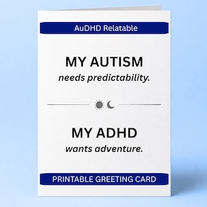 Lustige ADHD Autismus Karte, Routine vs Adventure Karte, AuDHD Humor, Neurodiversent Geschenk, druckbare Grußkarte 5x7 A4