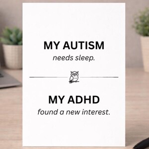 Tarjeta divertida sobre TDAH y autismo, humor sobre el sueño y el interés, tarjeta de felicitación sobre la función ejecutiva neurodivergente, descarga instantánea imprimible 5x7 A4