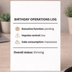 Tarjeta de cumpleaños divertida y original para personas con TDAH/neurodivergentes: tarjeta de felicitación con registro de operaciones de cumpleaños, humor sobre disfunción ejecutiva, imprimible en tamaño A4 (5x7 pulgadas).