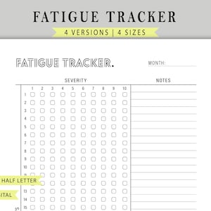 Plantilla imprimible para el registro mensual de fatiga, seguimiento de la intensidad de la fatiga diaria, seguimiento de salud, tamaño A4/A5/Carta/Media página, descarga instantánea en PDF.