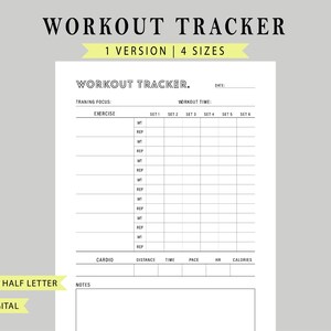 Rastreador de ejercicios imprimible, registro diario de ejercicios, diario de fitness, planificador de ejercicios, planificador de fitness, tamaño A4/A5/carta/medio, descarga instantánea