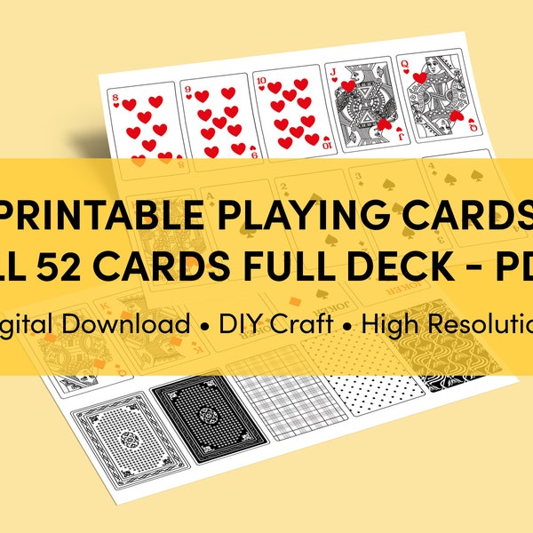 All 52 Playing Cards Full Deck | Printable | Instant Digital Download | PDF | DIY Playing Card Decks | Classic English Artwork | 2 Colours