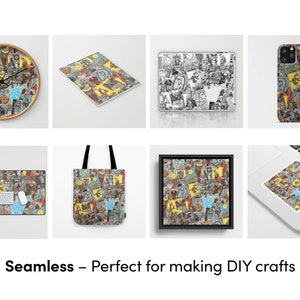 May include: A set of colourful, customisable products featuring a seamless pattern of vintage comic book covers. The set includes a clock, phone case, tote bag, laptop skin, framed print, and mouse mat.