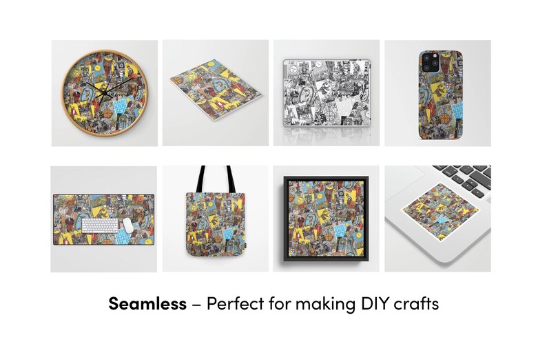 May include: A set of colourful, customisable products featuring a seamless pattern of vintage comic book covers. The set includes a clock, phone case, tote bag, laptop skin, framed print, and mouse mat.