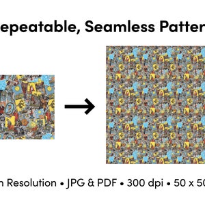 May include: A seamless pattern featuring a colourful collage of various images, including people, animals, and objects. The pattern is designed to be repeated and can be used for a variety of purposes, such as fabric, wallpaper, or wrapping paper. The pattern is high resolution and available in JPG and PDF formats. It is 300 dpi and measures 50 x 50 cm.