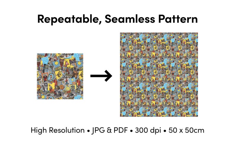 May include: A seamless pattern featuring a colourful collage of various images, including people, animals, and objects. The pattern is designed to be repeated and can be used for a variety of purposes, such as fabric, wallpaper, or wrapping paper. The pattern is high resolution and available in JPG and PDF formats. It is 300 dpi and measures 50 x 50 cm.