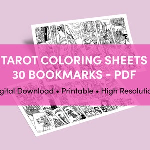 Puede incluir: Hojas de colorear de tarot en blanco y negro para marcadores. La imagen muestra 30 marcadores con diferentes diseños de cartas de tarot. El texto en la imagen dice "Tarot Coloring Sheets 30 Bookmarks - PDF Digital Download - Printable - High Resolution".