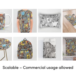 May include: A set of various products featuring a colourful comic book pattern. The set includes a mug, t-shirt, cushion, yoga mat, table, backpack, duvet cover, and a wall mural.