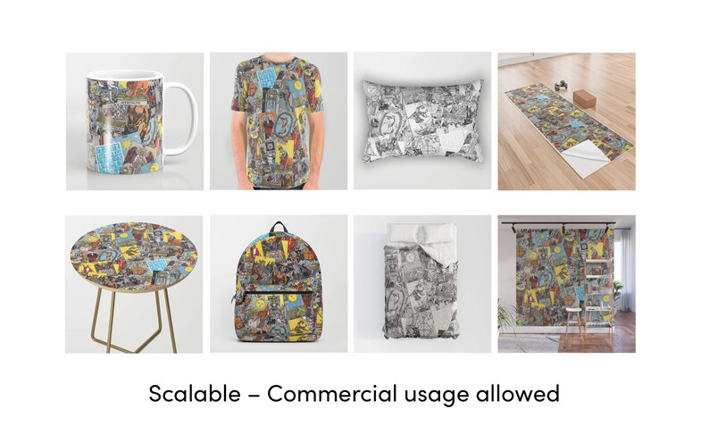 May include: A set of various products featuring a colourful comic book pattern. The set includes a mug, t-shirt, cushion, yoga mat, table, backpack, duvet cover, and a wall mural.