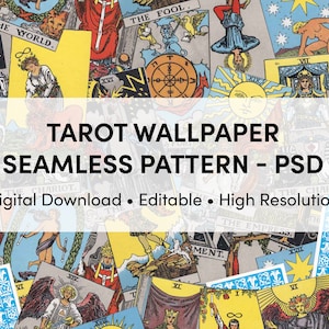 May include: A seamless pattern featuring a collage of tarot cards. The cards are arranged in a random pattern and feature various symbols and imagery. The background is white. The text "TAROT WALLPAPER SEAMLESS PATTERN - PSD Digital Download. Editable. High Resolution" is displayed at the top of the image.