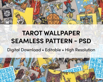 Tarot Wallpaper Seamless Pattern. High Resolution Layered PSD Digital Download. Fully Editable Printable. Raider Waite Smith Cards Collage.
