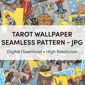 May include: A seamless pattern featuring a colourful collage of tarot cards. The cards are arranged in a random pattern and include various symbols and imagery. The background is white.