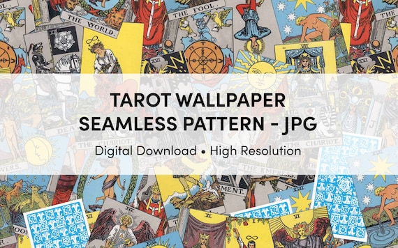Tarot Wallpaper Seamless Pattern. Digital Download. High Resolution JPG / PDF. Printable. Repeatable. Raider Waite Smith Cards Collage