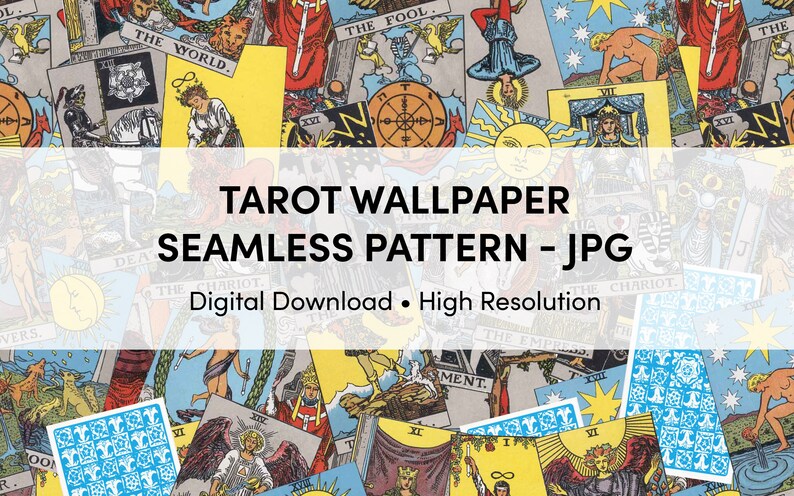 May include: A seamless pattern featuring a colourful collage of tarot cards. The cards are arranged in a random pattern and include various symbols and imagery. The background is white.