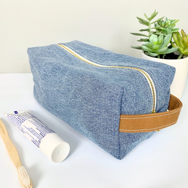 Denim Toiletry Bag, Sustainable Travel Pouch, Upcycled Makeup Organizer, Christmas Gift