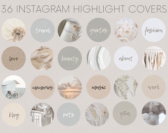 Könnte beinhalten: Ein Set mit 36 Instagram-Highlight-Covern mit verschiedenen Themen, darunter Reisen, Zitate, Mode, Liebe, Schönheit, Über uns, Erinnerungen, Blog, Haustiere, Musik und Arbeit. Die Cover zeigen eine Vielzahl von Bildern, darunter Blumen, Stoffe und Landschaften.
