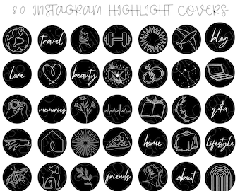 Puede incluir: Conjunto de 80 portadas destacadas de Instagram en blanco y negro. Cada círculo presenta iconos y texto, como viajes, belleza y estilo de vida. El texto "80 Instagram Highlight Covers" está en la parte superior.
