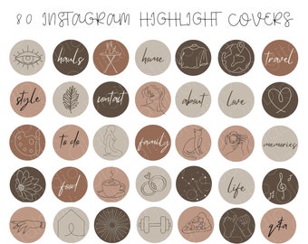 May include: Set of 20 Instagram highlight covers with various line art designs. The covers are in a neutral color palette of brown, beige, and white. The designs include a heart, a camera, a house, a flower, a coffee cup, a leaf, a cat, a music note, a pizza slice, a dumbbell, and more.