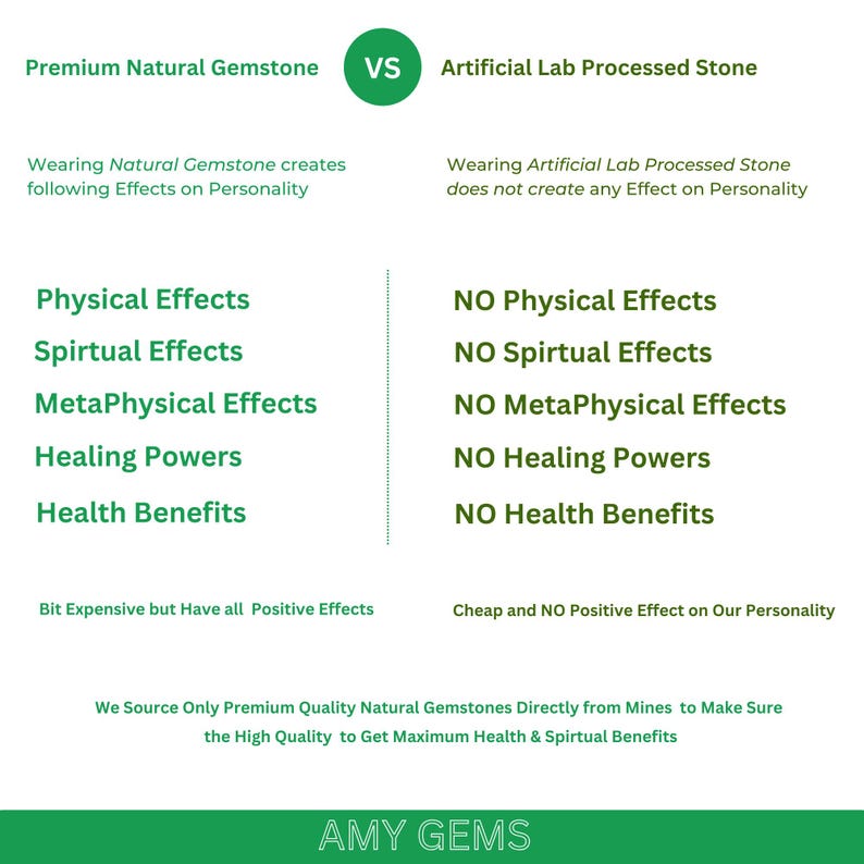 以下が含まれることがあります： 天然石と人工的に作られた石の効果を比較した図解です。天然石の効果は、身体的、精神的、形而上的、治癒力、健康上の利点としてリストされています。人工的に作られた石の効果は、身体的、精神的、形而上的、治癒力、健康上の利点がないとリストされています。また、天然石は少し高価ですが、すべて良い効果があるのに対し、人工的に作られた石は安価で、性格に良い影響を与えないとも書かれています。図解には「AMY GEMS」というテキストが含まれています。