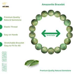 以下が含まれることがあります： 伸縮性のある糸でできた緑色のアマゾナイトのブレスレット。ブレスレットは伸縮性があり、手につけやすい。ブレスレットは高品質な天然石で作られています。