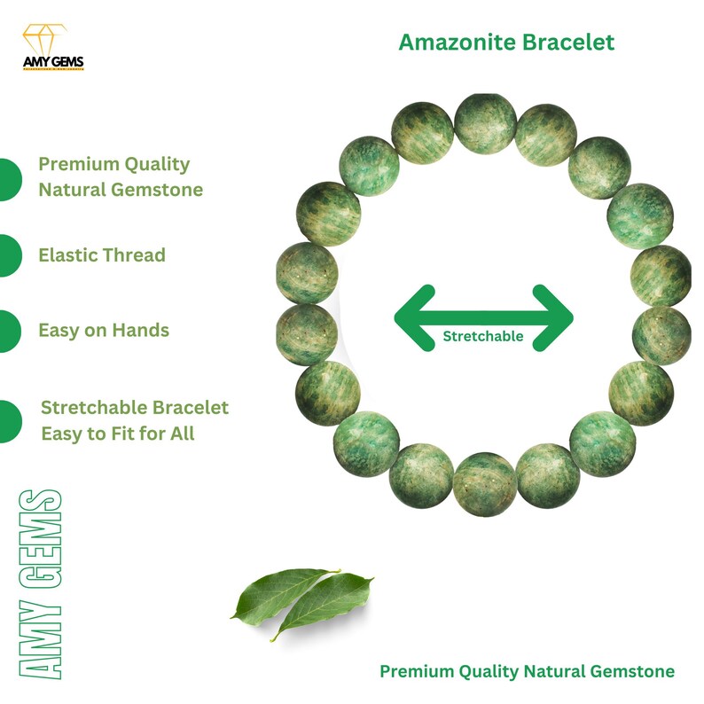 以下が含まれることがあります： 伸縮性のある糸でできた緑色のアマゾナイトのブレスレット。ブレスレットは伸縮性があり、手につけやすい。ブレスレットは高品質な天然石で作られています。