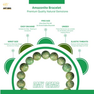 以下が含まれることがあります： 緑色のアマゾナイトのブレスレットで、伸縮性のあるゴム糸を使用しています。ブレスレットは天然石で作られており、手首のサイズが6.3インチから7.5インチの方に適しています。ブレスレットは「最高品質の天然石」と「着け心地が良い」と説明されています。