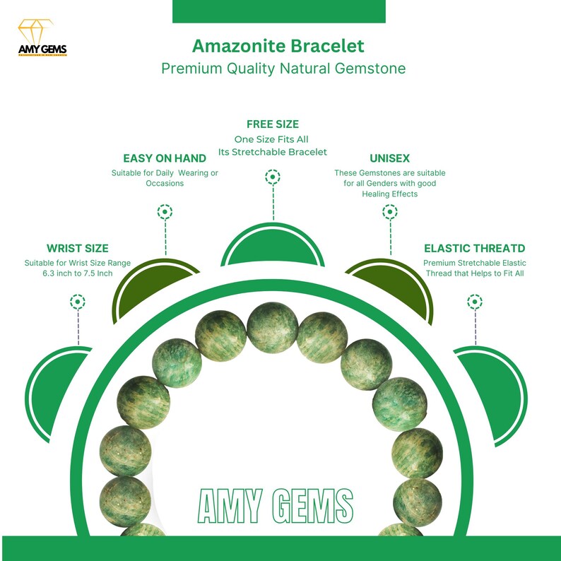 以下が含まれることがあります： 緑色のアマゾナイトのブレスレットで、伸縮性のあるゴム糸を使用しています。ブレスレットは天然石で作られており、手首のサイズが6.3インチから7.5インチの方に適しています。ブレスレットは「最高品質の天然石」と「着け心地が良い」と説明されています。