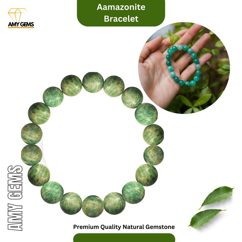 以下が含まれることがあります： 丸い形の緑色のアマゾナイトの宝石のブレスレット。ブレスレットは天然の宝石で作られており、最高品質です。