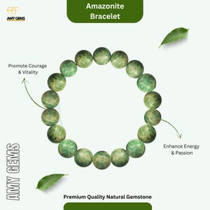以下が含まれることがあります： 18個のビーズが付いたアマゾナイトのブレスレット。このブレスレットは天然石で作られており、勇気、活力、エネルギー、情熱を高めると言われています。