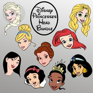 Könnte beinhalten: Ein digitales Clipart-Paket mit Köpfen von Disney-Prinzessinnen. Die Prinzessinnen sind Ariel, Belle, Cinderella, Jasmin, Mulan, Pocahontas, Rapunzel, Schneewittchen und Tiana. Das Bild enthält den Text "Disney Princesses Head Bundle".