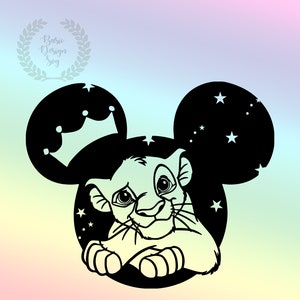 May include: Black and white silhouette of a lion cub wearing Mickey Mouse ears with a crown on top of one ear. The ears have stars inside them.