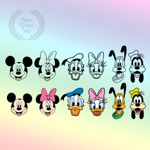 May include: A set of 10 black and white cartoon character head silhouettes. The characters include Mickey Mouse, Minnie Mouse, Donald Duck, Daisy Duck, and Goofy. The characters are arranged in two rows of five.