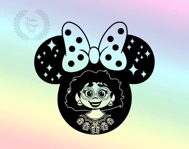 May include: Black and white silhouette of a girl with curly hair wearing glasses and a floral embroidered shirt. The girl is wearing a large bow with polka dots and a pair of mouse ears with sparkling stars.