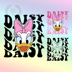 Pode incluir: Uma ilustração digital do Pato Donald com um laço rosa, rodeado pela palavra "Daisy" em uma fonte retrô e psicodélica.