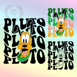 Pode incluir: Uma ilustração digital do Pluto, o cão da Disney, com a palavra "Pluto" repetida em uma fonte psicodélica de estilo retrô. O fundo é um degradê de rosa, azul e verde.