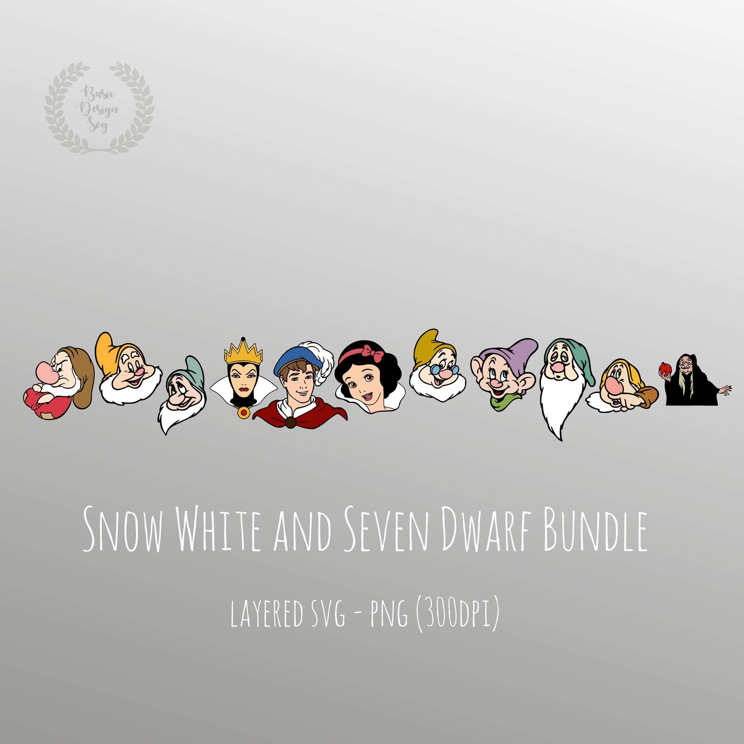 Snow White and Seven Dwarfs Head Bundle Svg Png, Princess Family