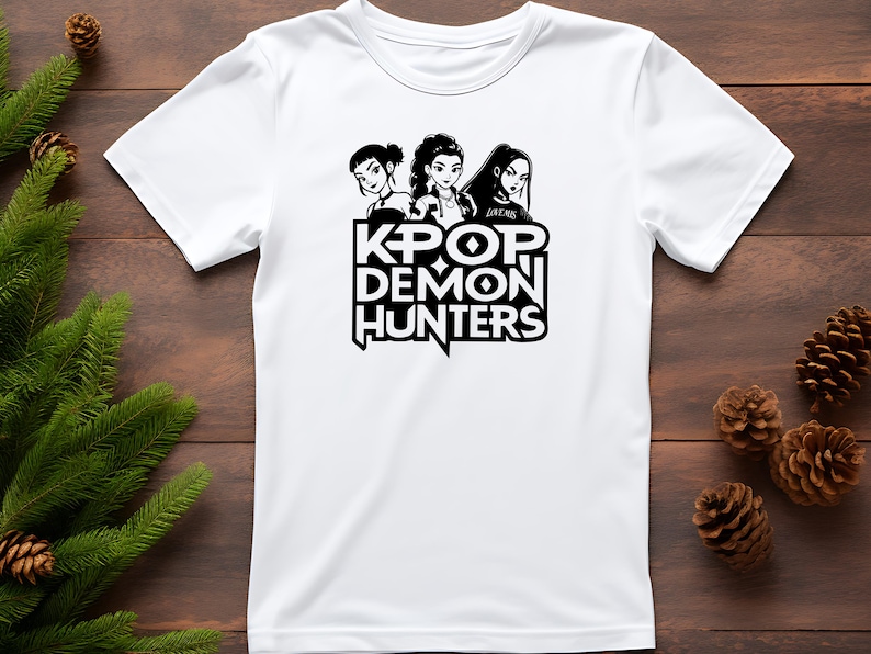 May include: White t-shirt featuring a black and white graphic of three stylized female figures above the text "KPOP DEMON HUNTERS". The design is centered on the front of the shirt.