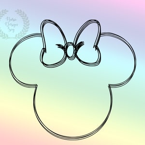 May include: Black and white line drawing of a cartoon mouse head with a large bow on top. The mouse head is shaped like Mickey Mouse's head.