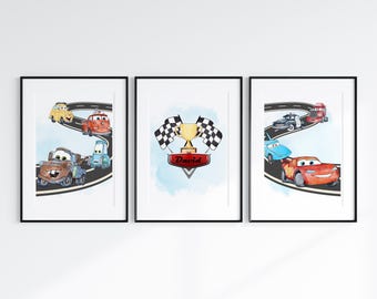 Juego de 3 pósteres de pared personalizados de Rayo McQueen, decoración de habitación con acuarela, pósteres para habitación de niños, descarga digital