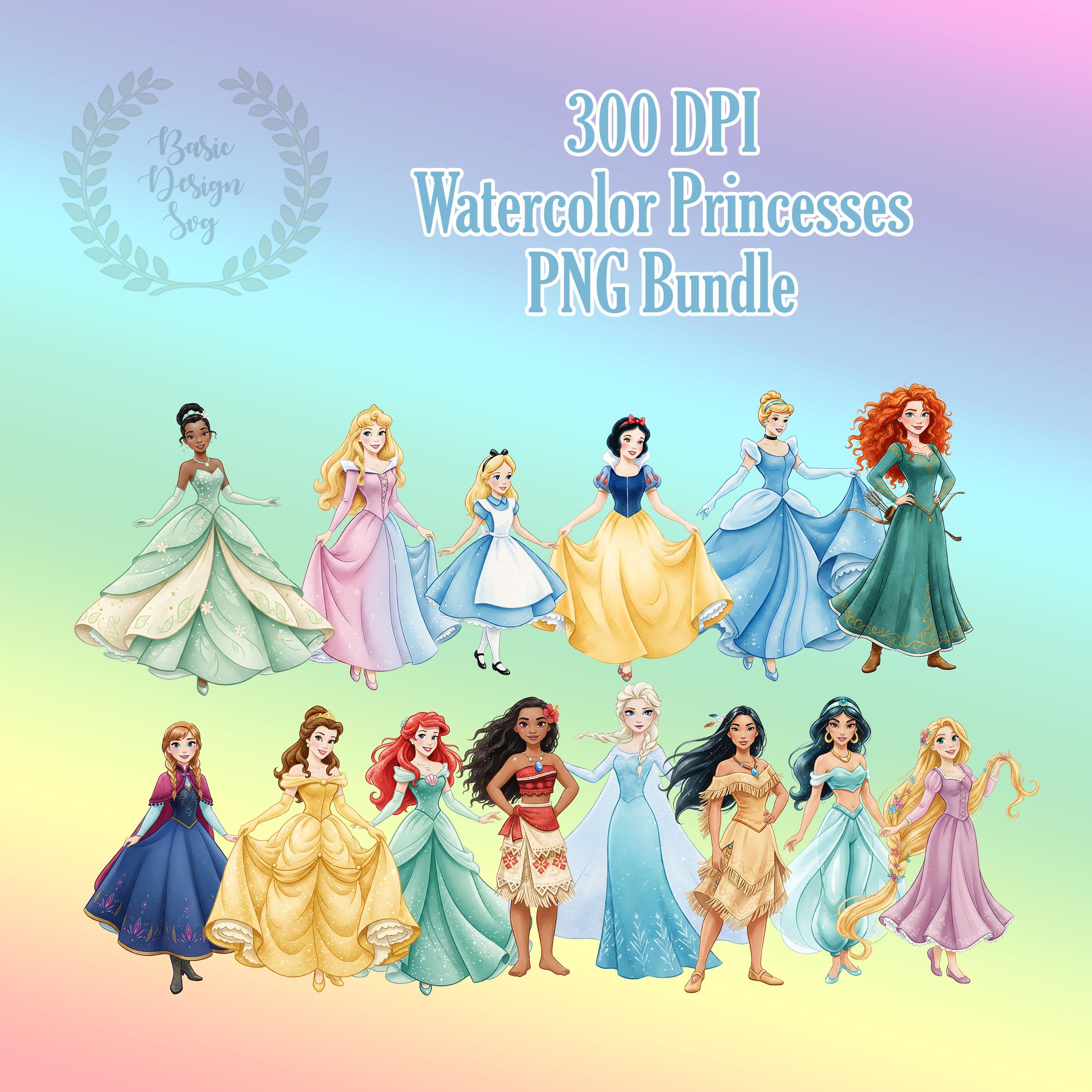 Watercolor Princess Png Bundle, All Princess Watercolor Effect Png ...