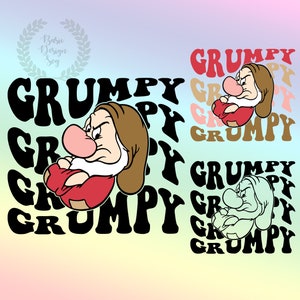 Könnte beinhalten: Eine digitale Illustration eines mürrischen Zwergs mit einem rot-weißen Hut und einem roten Hemd. Der Zwerg ist umgeben vom Wort "GRUMPY" in einer Retro-Schrift. Der Hintergrund ist ein Farbverlauf von Pink, Blau und Gelb.