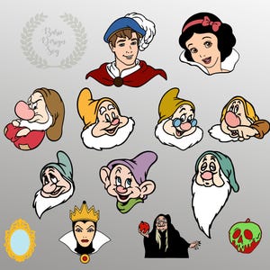 May include: A set of Snow White and the Seven Dwarfs cartoon characters. The characters include Snow White, Prince Charming, the Evil Queen, and the seven dwarfs: Doc, Grumpy, Happy, Sleepy, Bashful, Sneezy, and Dopey.