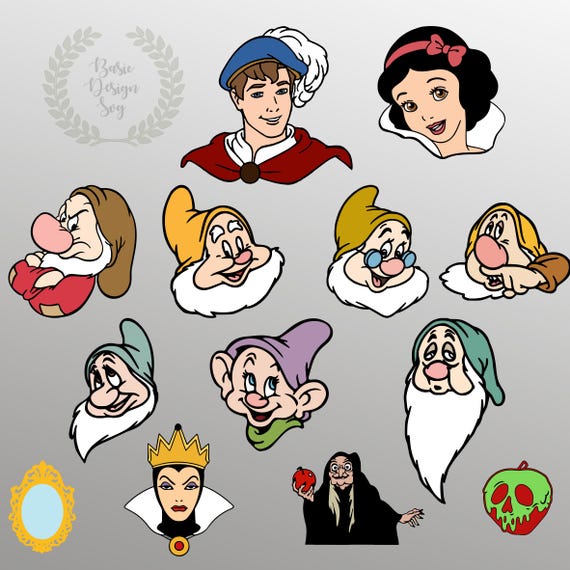 Snow White and Seven Dwarfs Head Bundle Svg Png, Princess
